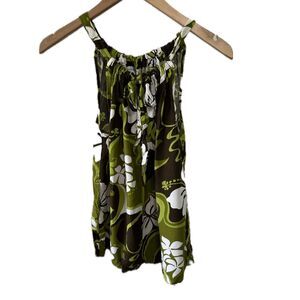 Local Design Hawaiian Drawstring Self Front Tie Neckline A-Line Hi Lo Blouse L
